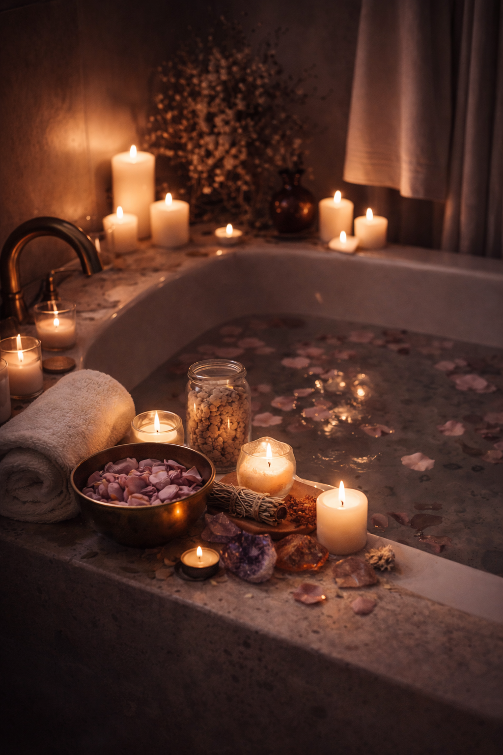 A sacred bath ritual setting with candles, crystals, rose petals, and sage in warm golden light